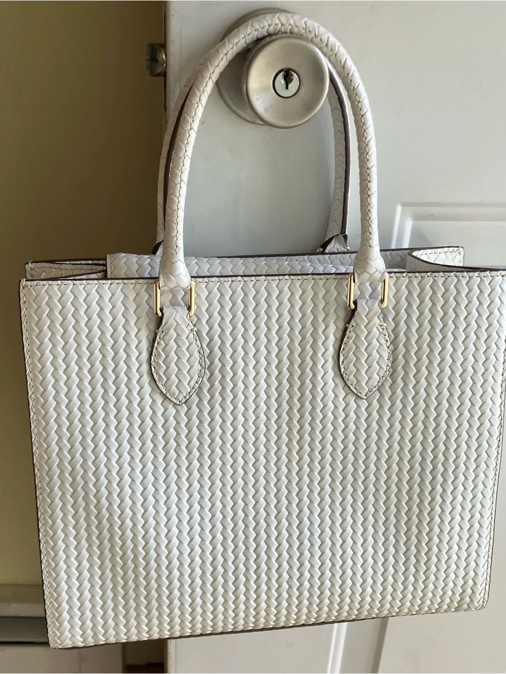 Dooney & Bourke White Woven Leather Tote with Gold Accents - Picture 2 of 7